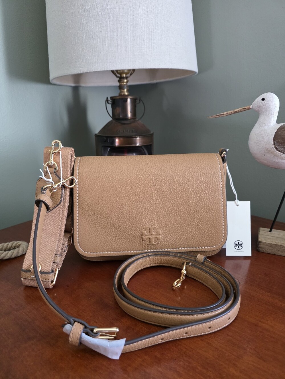 Tory Burch Thea Flap Crossbody Tiramisu Pebbled Leather Bag NWT